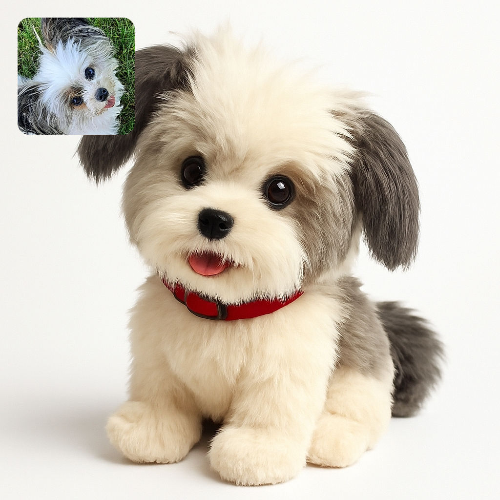 A fluffy, adorable dog with big, shiny eyes and a little tongue sticking out, looking up with curiosity and joy, surrounded by green grass on a sunny day.