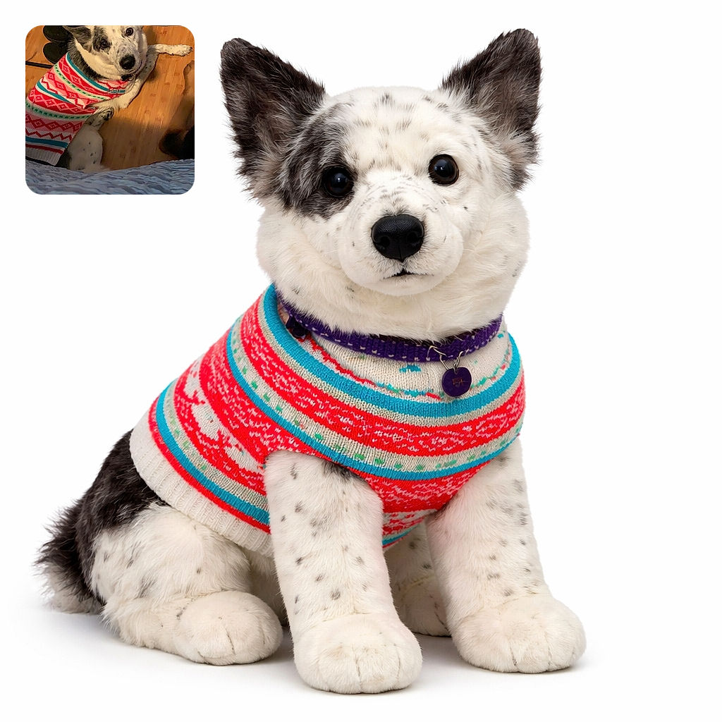 A spotted pup in a colorful holiday sweater looks up with an adorably guilty 'did I do that?' expression while lounging on a warm wooden floor next to shoes and a quilt — equal parts cozy and mischievous.