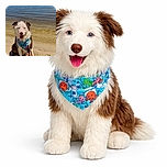 A happy, slightly wet dog sporting a colorful bandana sits on a sandy beach with clear water and a distant shoreline in the background, looking like it's ready for a day of fun by the lake.