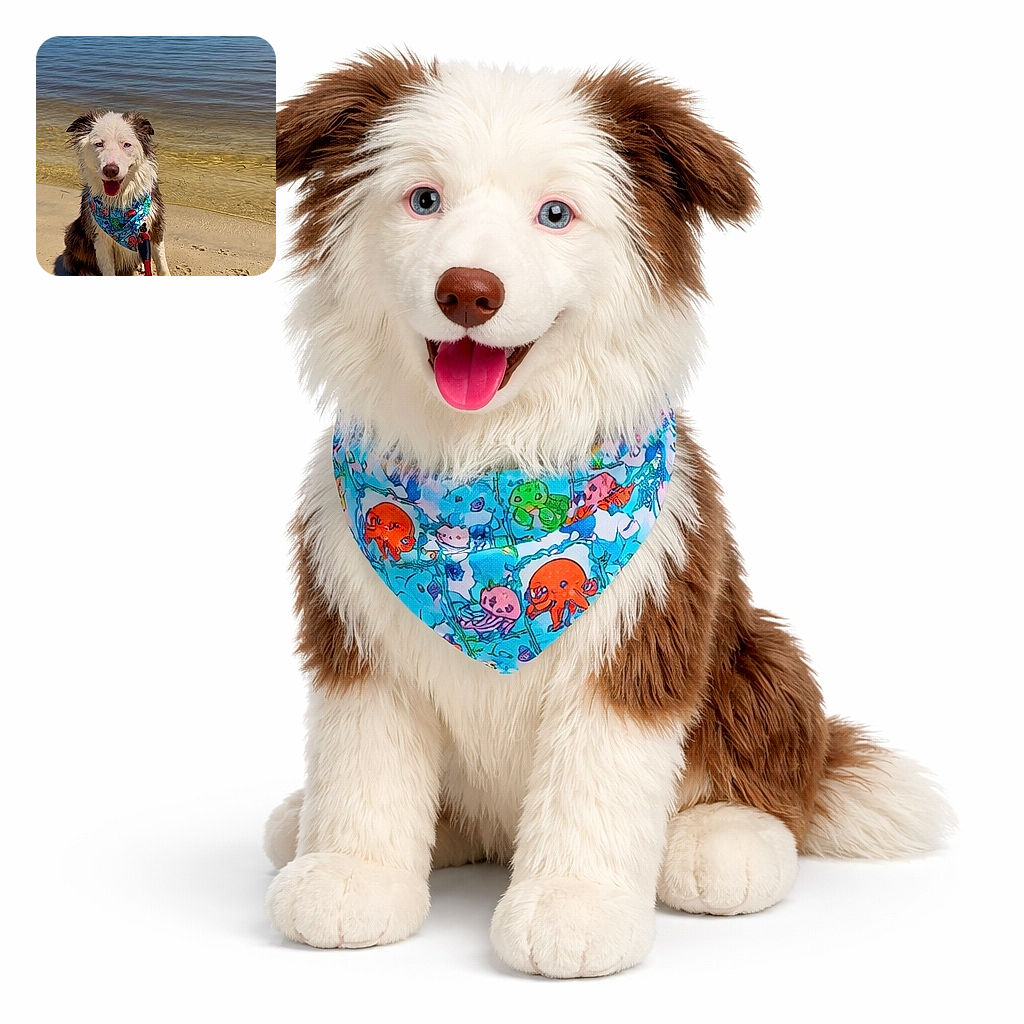A happy, slightly wet dog sporting a colorful bandana sits on a sandy beach with clear water and a distant shoreline in the background, looking like it's ready for a day of fun by the lake.