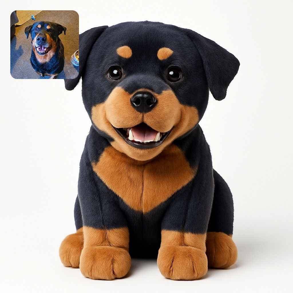 A happy Rottweiler dog looking up with a big smile, sitting on a carpeted floor with a toy and a container of dog treats nearby, radiating pure joy and friendliness.