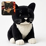 A close-up photo of a black and white tuxedo cat with prominent white whiskers and a fluffy chest, lounging comfortably on a reddish-orange blanket with a cozy, warm ambiance.