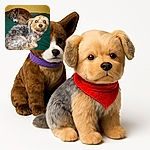 Two adorable dogs curled up on a green cushion against a yellow wall; one dog looks directly at the camera with bright eyes while the other rests peacefully in the background, creating a cozy and heartwarming scene.