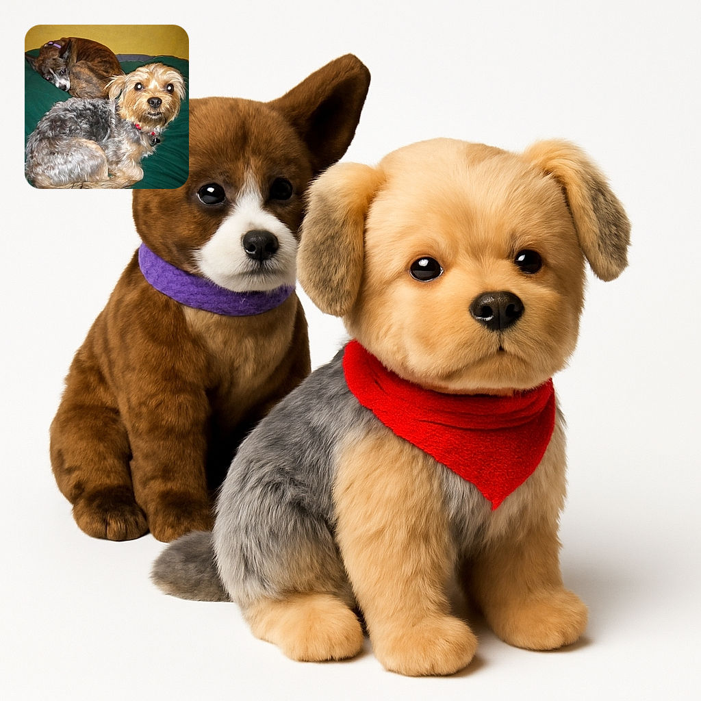 Two adorable dogs curled up on a green cushion against a yellow wall; one dog looks directly at the camera with bright eyes while the other rests peacefully in the background, creating a cozy and heartwarming scene.
