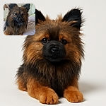 A fluffy, alert dog with a rich brown and black coat lounges comfortably on a soft bed with light-colored sheets, its ears perked up as if listening to an intriguing story.