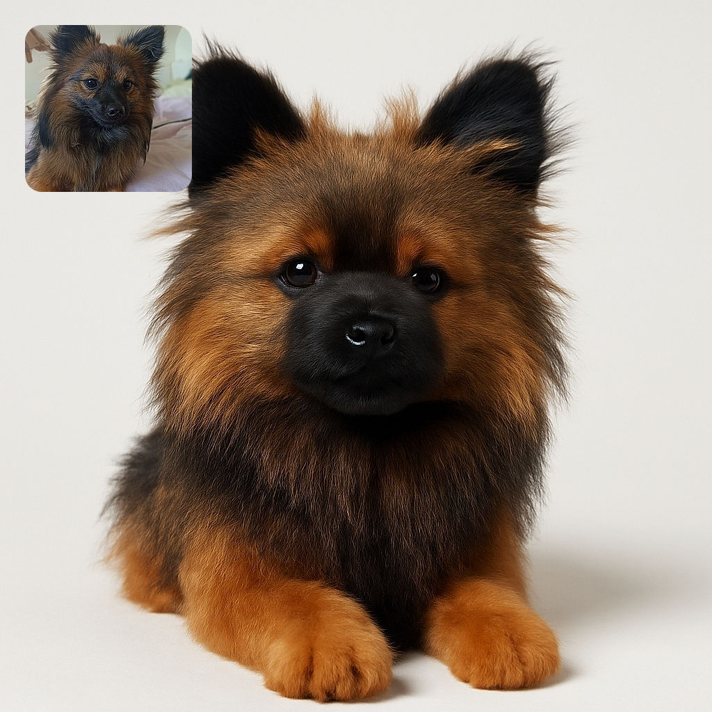 A fluffy, alert dog with a rich brown and black coat lounges comfortably on a soft bed with light-colored sheets, its ears perked up as if listening to an intriguing story.