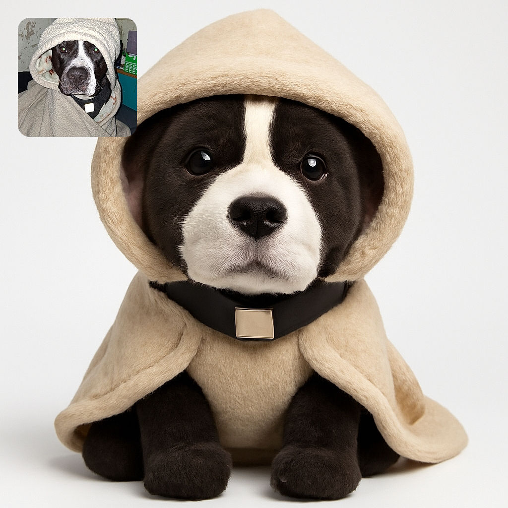 A charming dog wrapped snugly in a cozy cream-colored blanket with a hood, looking straight at the camera with a calm and slightly curious expression. The background is a bit cluttered with shelves and boxes, adding a homey, lived-in vibe to the scene.