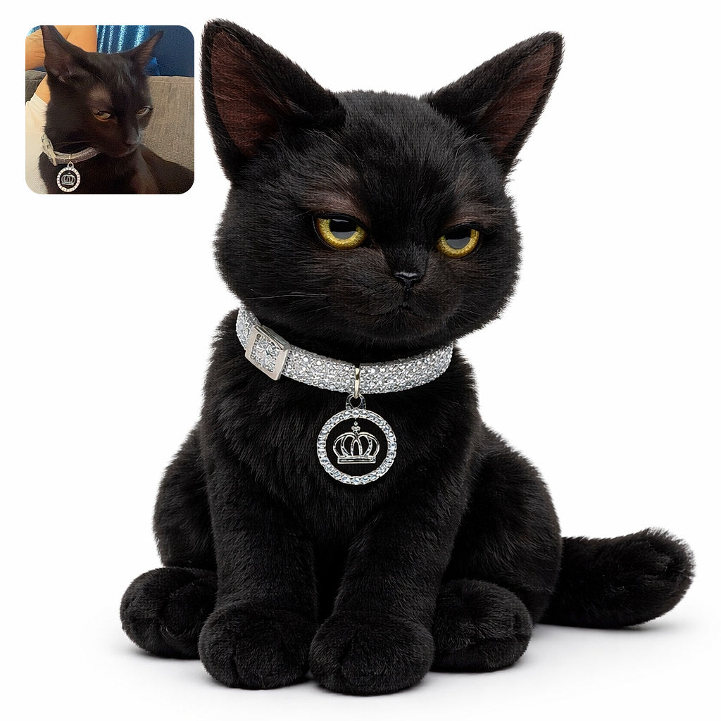 A sleek black cat with a shiny collar and a crown pendant lounges comfortably on a person's chest, giving a slightly unimpressed side-eye look. The background features blue curtains and a gray couch, adding a cozy indoor vibe.