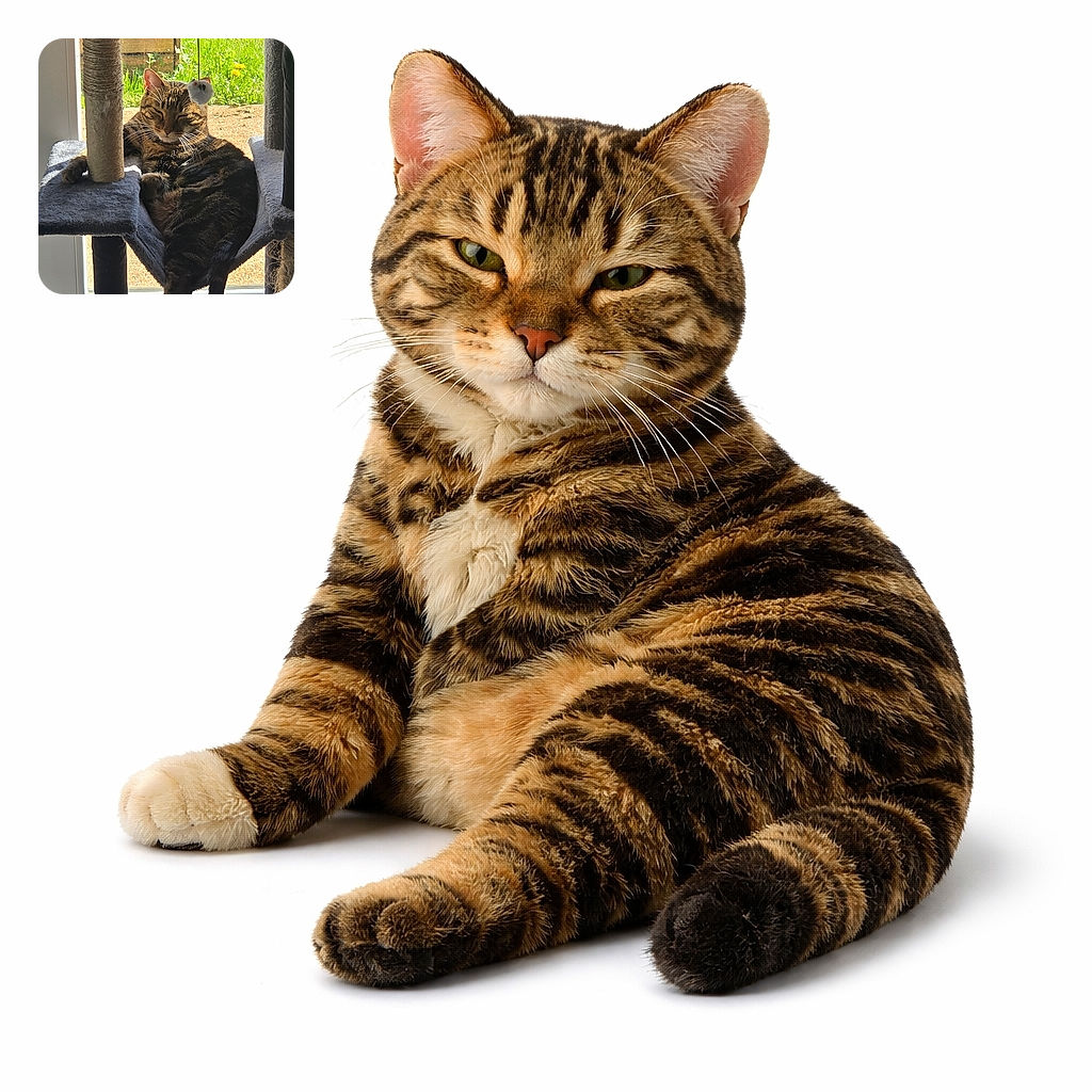 A sun‑soaked tabby has claimed the cat tree like a tiny furry monarch, one leg flopped dramatically while a plush mouse hangs nearby — clearly judging the garden and everyone in it.