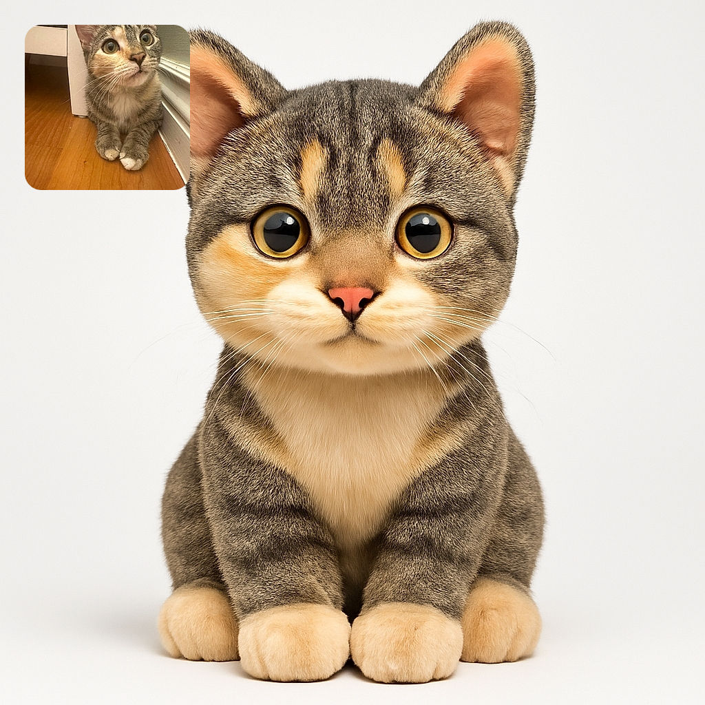 A wide-eyed tabby cat crouches on a wooden floor near a white piece of furniture and a baseboard, looking curiously upwards with its paws neatly tucked in.