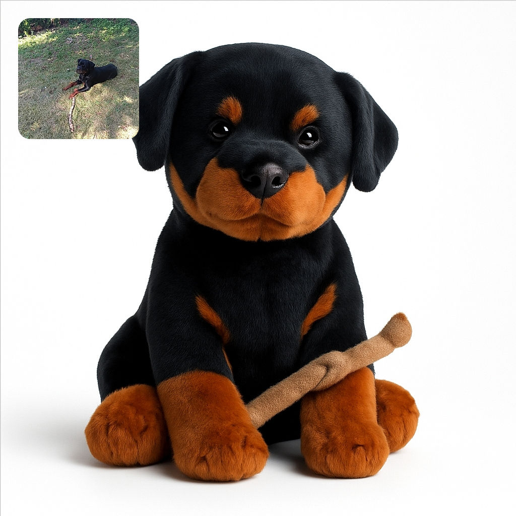 A black and tan dog, likely a Rottweiler, lounges on patchy grass in a backyard holding a long stick, basking in a mix of sunlight and shade with some greenery and a fence in the background.