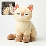 A fluffy cream-colored cat sits regally on a white stool, basking in warm sunlight that highlights its serene expression. The cozy indoor setting includes a soft, peach-colored blanket draped behind the cat and a tall plant in the background, creating a peaceful and homey vibe.