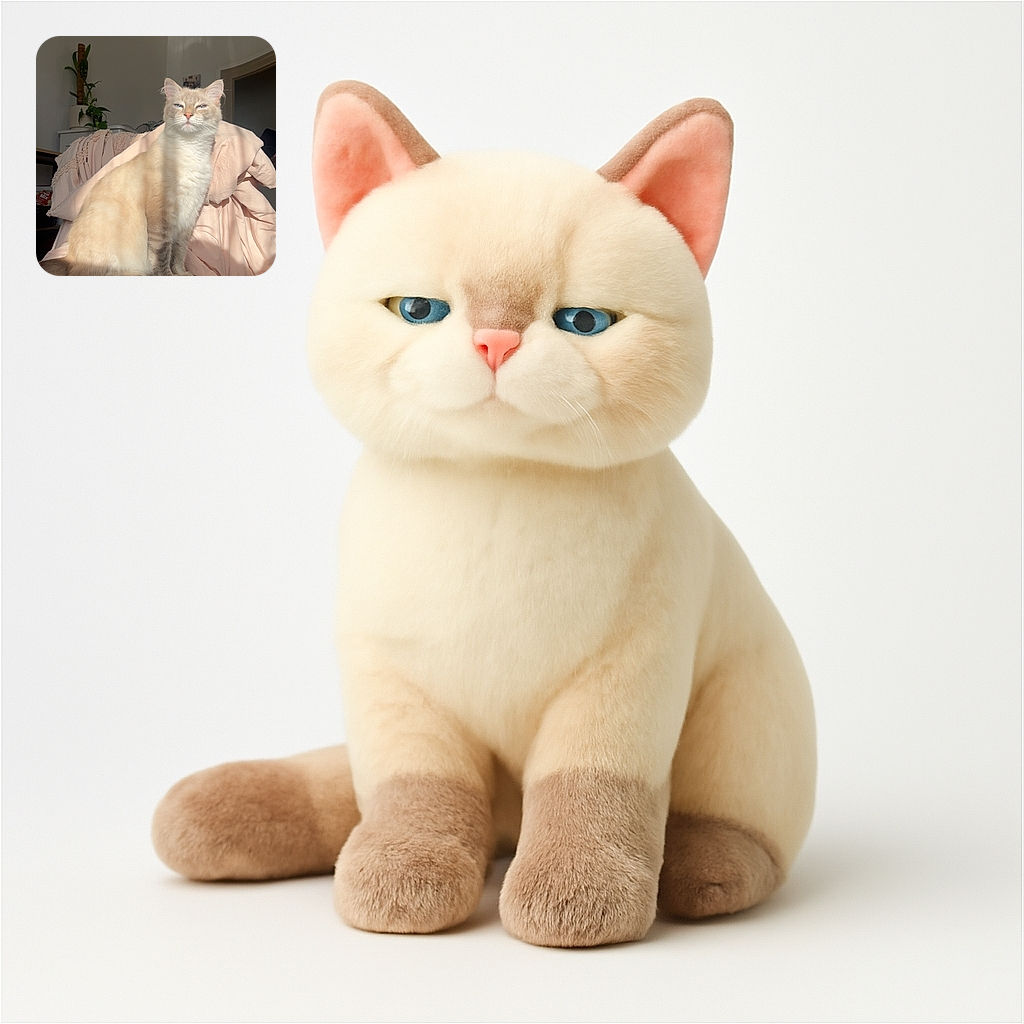A fluffy cream-colored cat sits regally on a white stool, basking in warm sunlight that highlights its serene expression. The cozy indoor setting includes a soft, peach-colored blanket draped behind the cat and a tall plant in the background, creating a peaceful and homey vibe.
