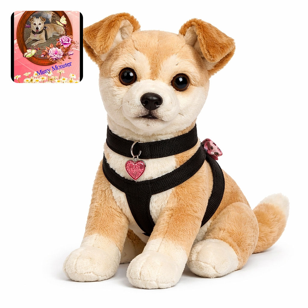 A charming dog lies comfortably inside a wooden oval frame decorated with pink and red roses, butterflies, and a bouquet of daisies below. The pink background adds a soft, whimsical touch, while the blue text 'Missy Monster' playfully names the canine star of the photo.