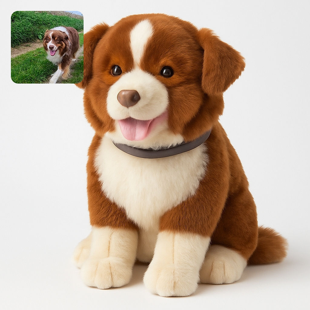 A happy brown and white dog with a fluffy coat is joyfully trotting on a grassy path surrounded by greenery and wild plants under a partly cloudy blue sky.