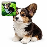 A fluffy tricolor corgi puppy sits attentively on a lush green lawn, its oversized ears perked up as if listening to the secrets of the garden, basking in the bright sunlight with a regal yet adorable expression.