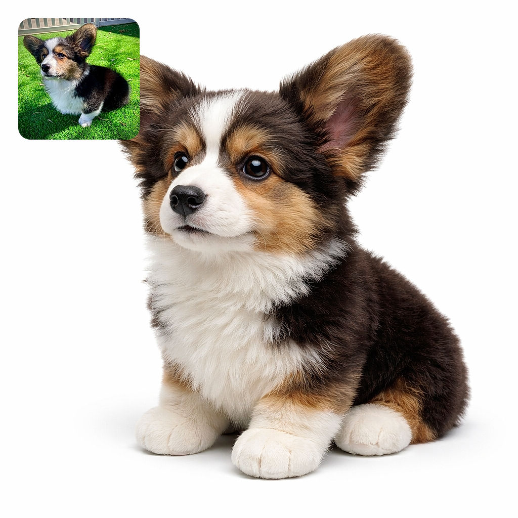 A fluffy tricolor corgi puppy sits attentively on a lush green lawn, its oversized ears perked up as if listening to the secrets of the garden, basking in the bright sunlight with a regal yet adorable expression.