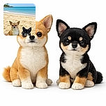 Two adorable Chihuahuas chilling on a sunny beach with golden sand and a sparkling blue ocean backdrop, looking like tiny beach bosses ready to soak up some rays and seashell vibes.