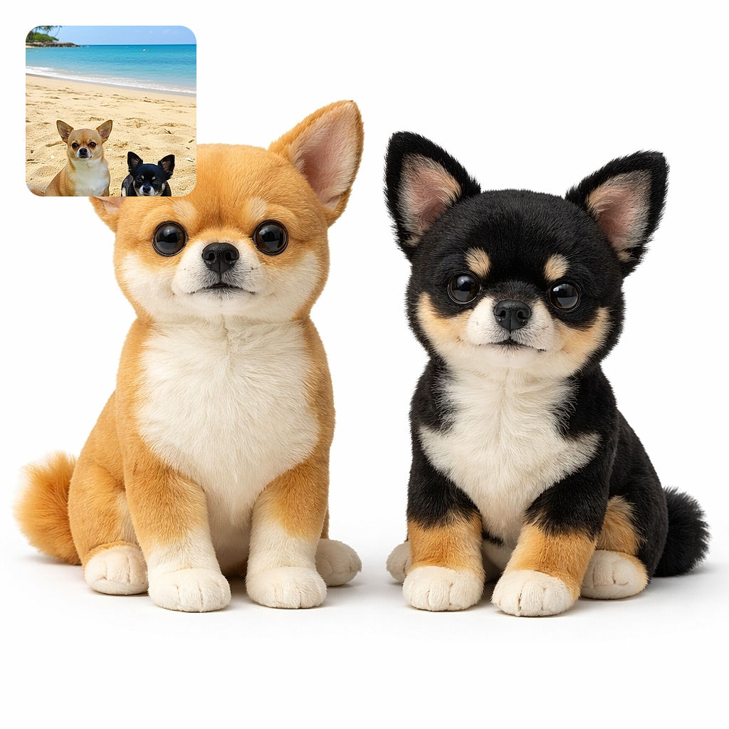 Two adorable Chihuahuas chilling on a sunny beach with golden sand and a sparkling blue ocean backdrop, looking like tiny beach bosses ready to soak up some rays and seashell vibes.
