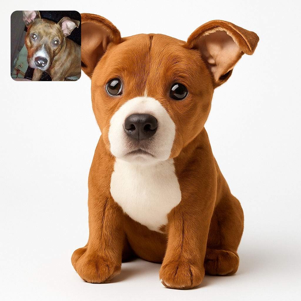 A curious dog with large ears and a white patch on its nose stares directly into the camera, standing indoors near a dog food bowl. The photo is a bit grainy and dimly lit, giving it a candid, unpolished feel.