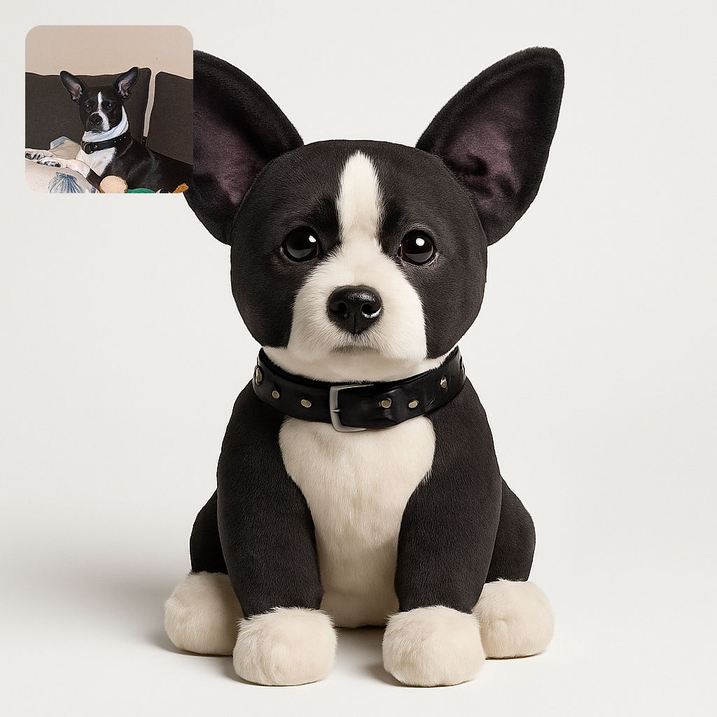 A black and white dog with large ears lounges on a couch surrounded by cushions and a plush teddy bear, looking relaxed but slightly serious as if guarding its territory.