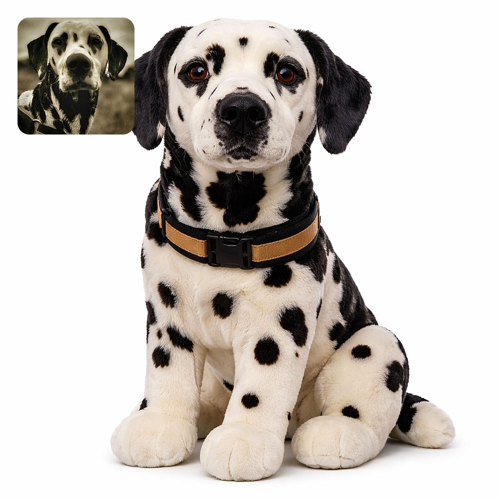 A soulful spotted dog stares into the lens with a dramatic oversized nose and floppy ears, wearing a sturdy harness; the sepia treatment and shallow depth-of-field turn a simple outdoor moment into a vintage portrait of ultimate doggo dignity.