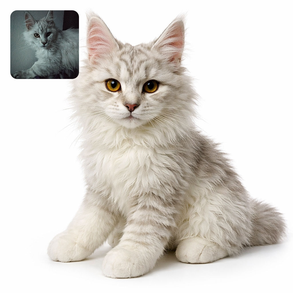 A fluffy white cat stares like a moody little philosopher, whiskers proudly splayed, one paw draped like it pays rent for the couch. Moody low light gives the scene dramatic vibes — it clearly knows it looks majestic.