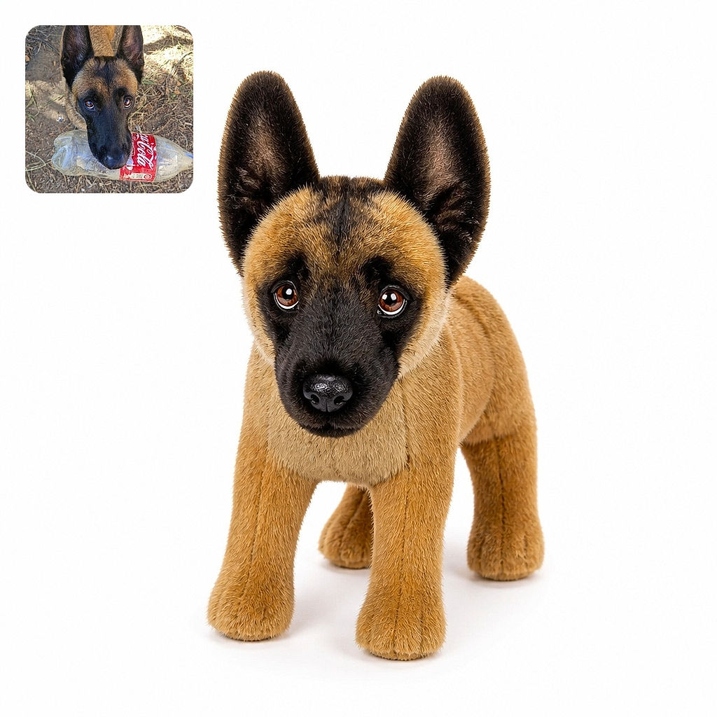 A curious Belgian Malinois proudly presents a crumpled Coca-Cola bottle like it has just won the neighborhood recycling championship. The dog stares intensely into the camera while standing on a leafy dirt path, with the photographer’s sandals making a surprise cameo at the bottom.
