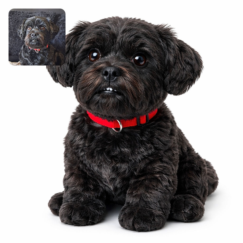 A small black dog with a slightly underbite stare sits like it owns the sofa — glossy brown eyes, a red collar peeking through curly fur, cozy blanket below and a dark plush couch behind. It looks equal parts regal and slightly suspicious, as if it's keeping score of snack distribution.