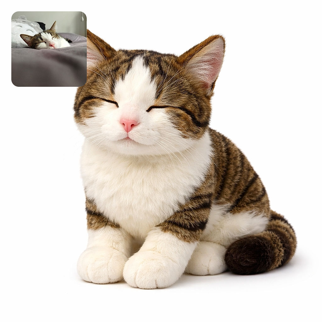 A blissed-out tabby has surrendered to nap time — pink nose and whiskers peeking out of the duvet like a tiny furry submarine, while a plush pillow photobombs from the background. Cozy, soft, and suspiciously proud of its ability to do nothing all day.