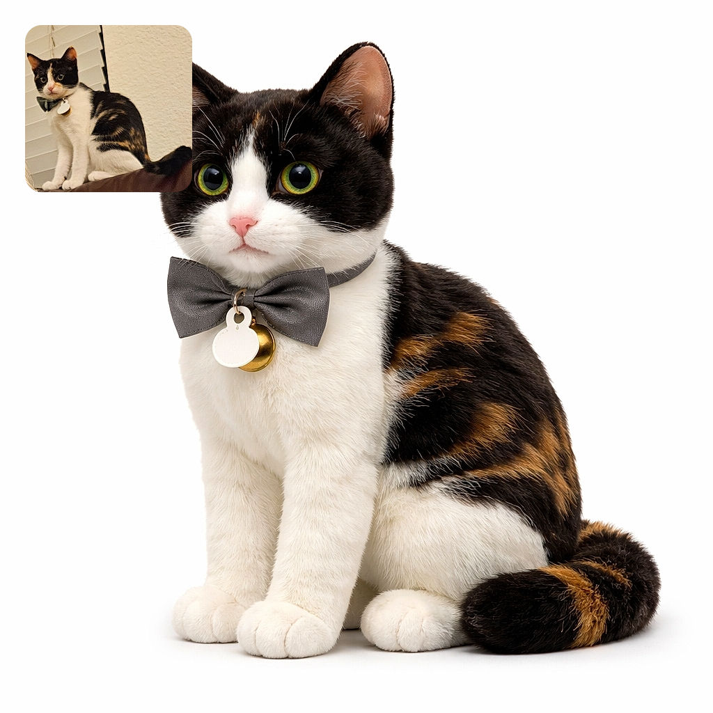 A curious calico cat with a bow tie collar sits alertly on a brown surface in front of white blinds and a textured beige wall, looking slightly to the side with wide eyes.