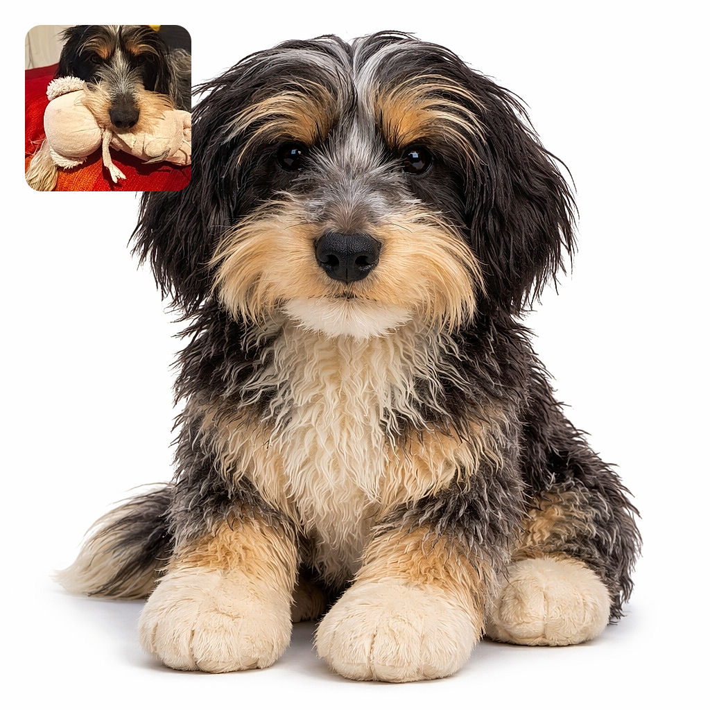 A scruffy, soulful dog clutching a well-loved stuffed toy like a security blanket — nose front-and-center, eyes peeking over the plush, all sprawled on a cozy red cushion. Very serious comfort negotiation happening.