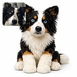 A close-up photo of a striking dog with piercing blue eyes and a black and white fur pattern, staring intently at the camera with ears perked up. The background is softly blurred, featuring a decorative vase and some household items.