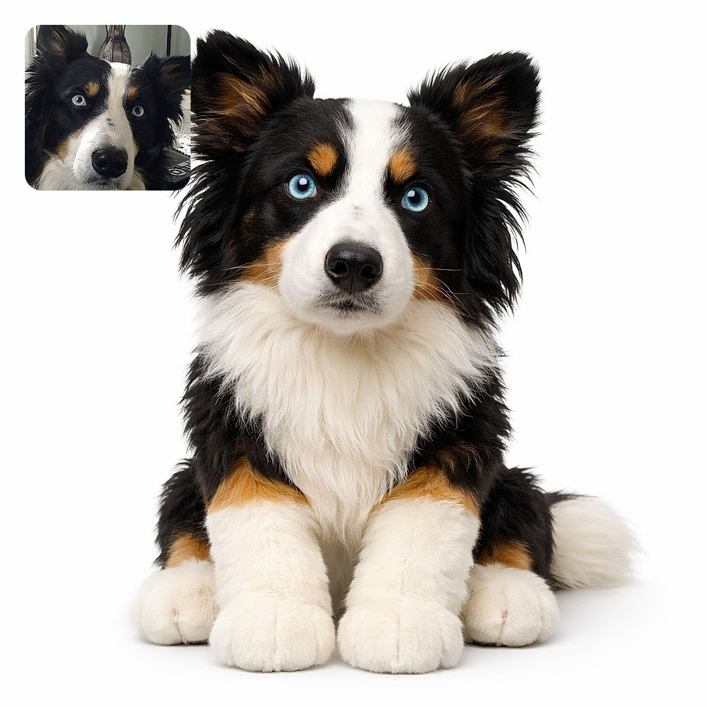 A close-up photo of a striking dog with piercing blue eyes and a black and white fur pattern, staring intently at the camera with ears perked up. The background is softly blurred, featuring a decorative vase and some household items.