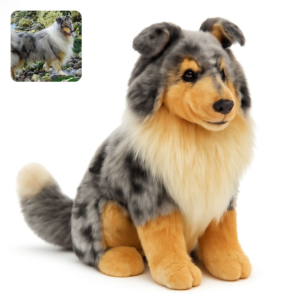 A fluffy, majestic dog with a beautiful merle coat stands proudly on a rocky shore covered with green moss and stones, looking off into the distance as if guarding a secret treasure.