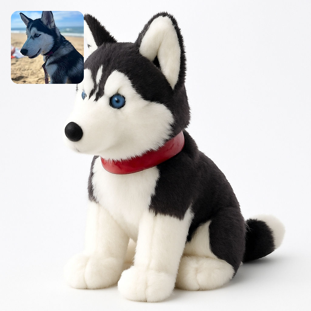 A sharp and charming close-up of a Siberian Husky puppy on a sunny beach, with sparkling blue eyes and a red checkered leash, the sandy shore and ocean waves softly blurred in the background.
