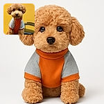 A fluffy, curly-haired dog wearing a cozy two-tone orange and gray sweater poses adorably against a plain yellow background, sitting on a chair with a slightly blurred backrest visible behind it.