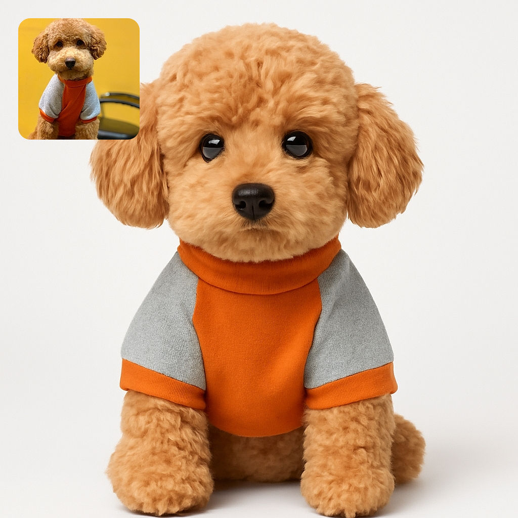A fluffy, curly-haired dog wearing a cozy two-tone orange and gray sweater poses adorably against a plain yellow background, sitting on a chair with a slightly blurred backrest visible behind it.