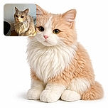 A fluffy cream and white cat sits elegantly on a wooden floor, gazing thoughtfully off to the side with soft natural light highlighting its fur against a textured white wall background. Nearby is a dark cylindrical object adding contrast to the cozy indoor scene.
