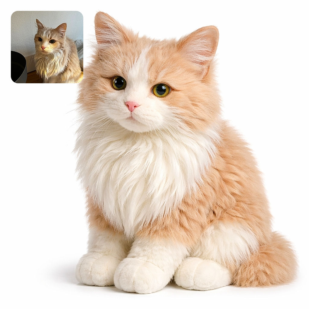 A fluffy cream and white cat sits elegantly on a wooden floor, gazing thoughtfully off to the side with soft natural light highlighting its fur against a textured white wall background. Nearby is a dark cylindrical object adding contrast to the cozy indoor scene.