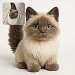 A fluffy cat with striking blue eyes looks up with curiosity, sitting on a tiled floor. Its fur is a mix of soft cream and grey, and its bushy tail curls behind it like a fluffy plume.