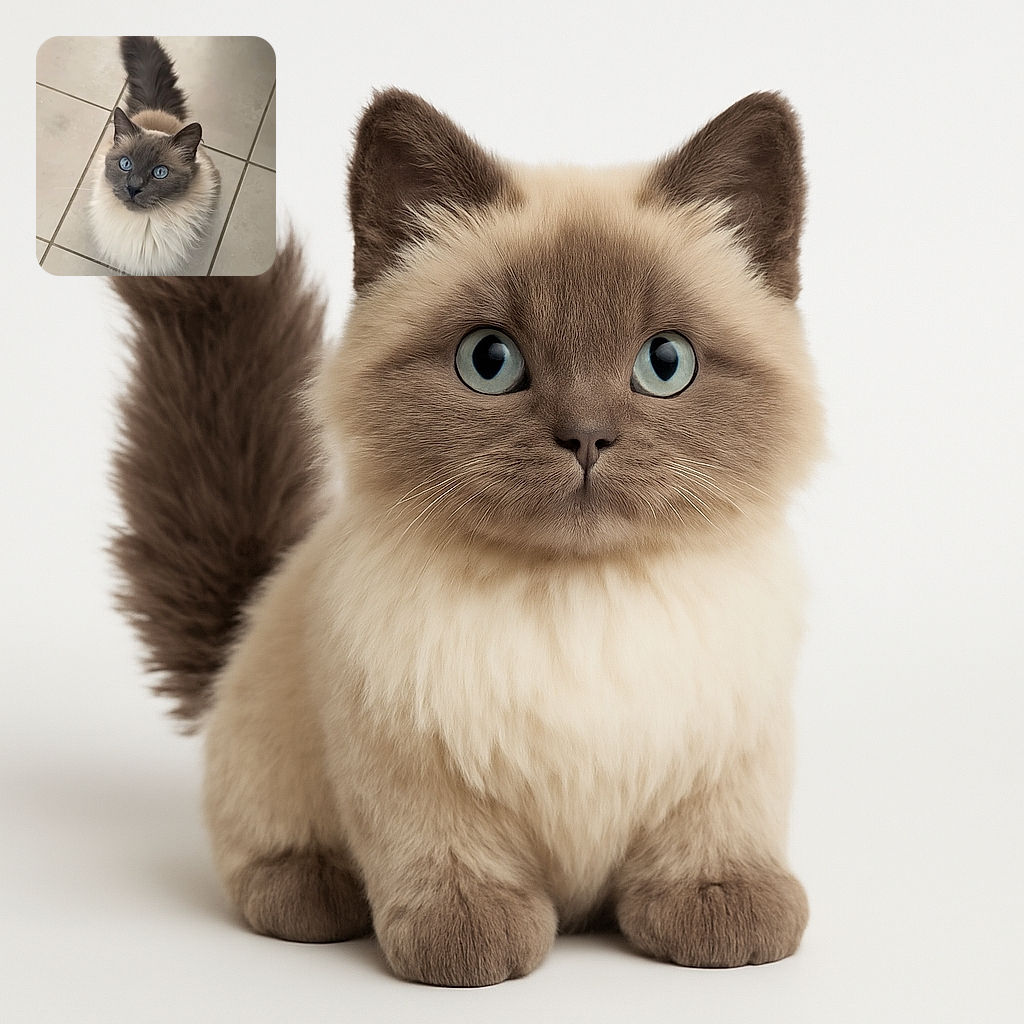 A fluffy cat with striking blue eyes looks up with curiosity, sitting on a tiled floor. Its fur is a mix of soft cream and grey, and its bushy tail curls behind it like a fluffy plume.