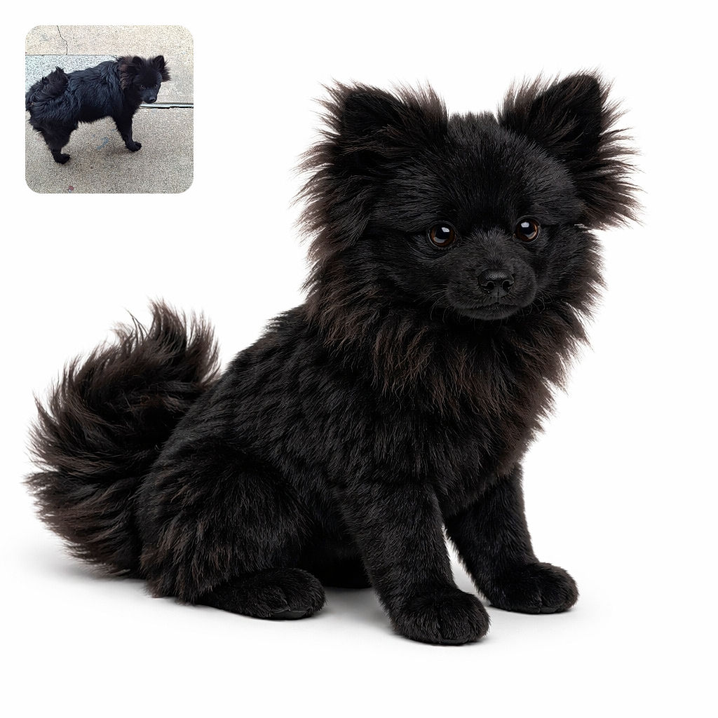 A fluffy black pup stands on concrete giving a suspicious side-eye — like a tiny stealth bear caught mid-patrol. Its thick fur, perky ears and intense gaze make it look both guilty and adorable as it inspects the sidewalk runway.