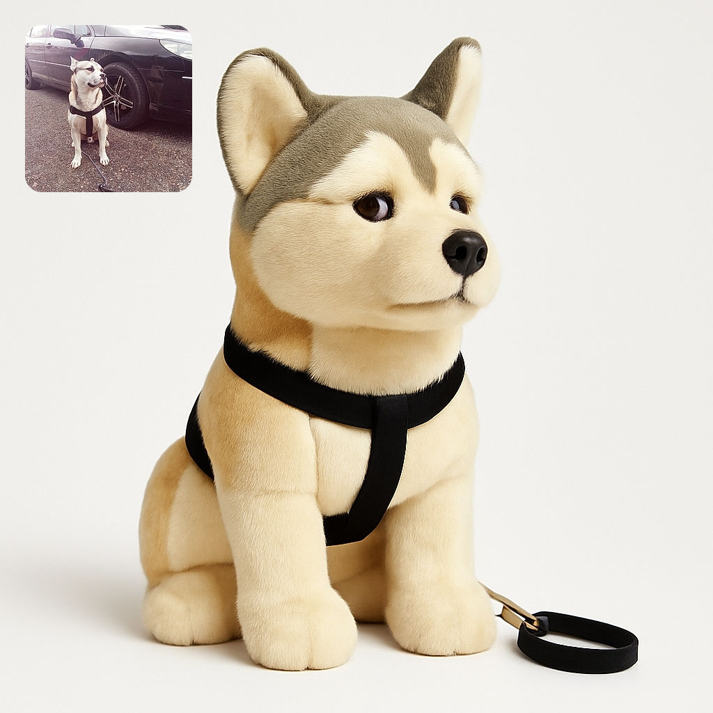 A serious-looking dog wearing a harness sits patiently on a gravel surface next to a black car with shiny rims. The dog is attached to a chain leash lying on the ground, and the car's reflection shows some surroundings, adding depth to the scene.