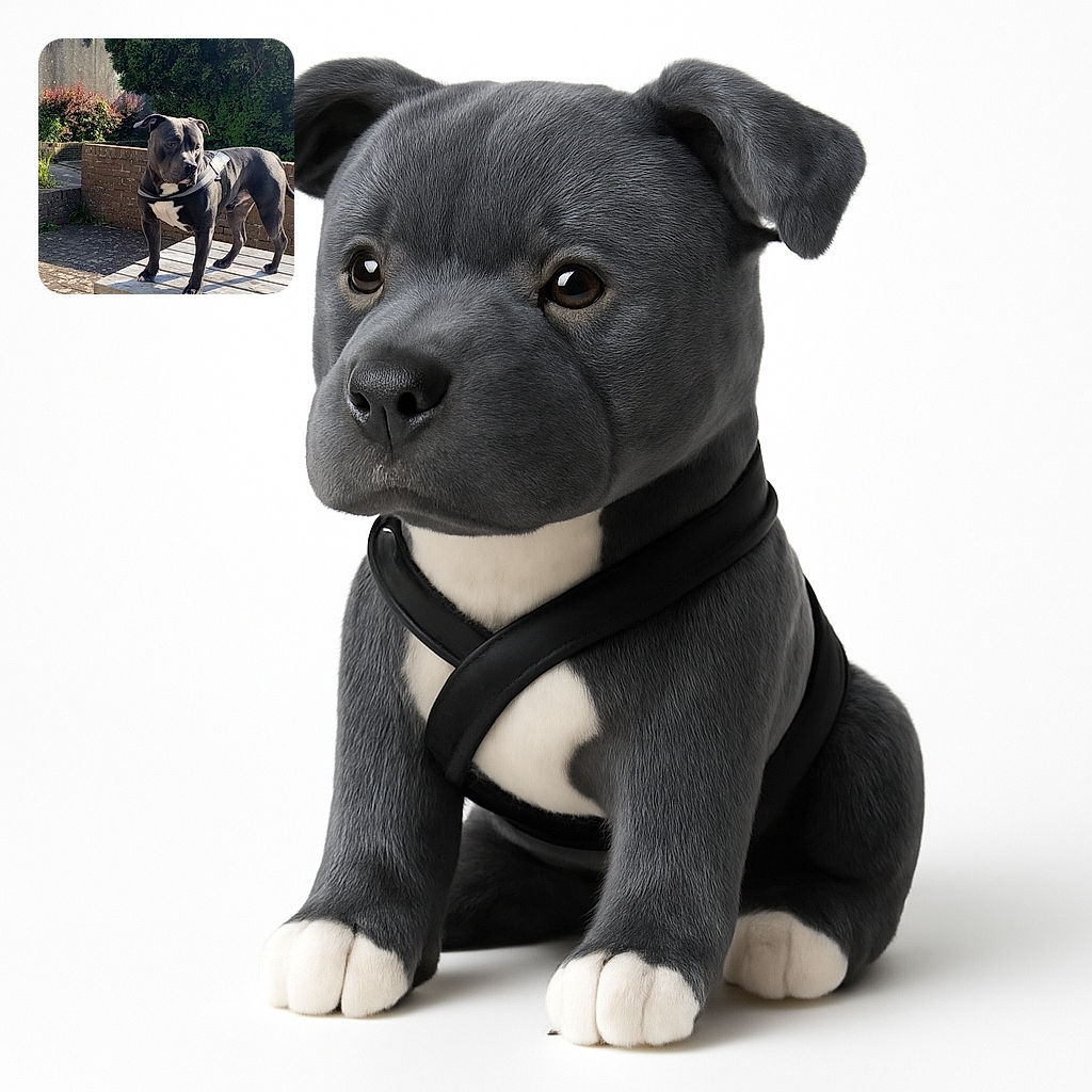 A sturdy black and white dog with a harness stands alertly on a wooden table in a sunny garden courtyard, surrounded by brick walls and lush green trees, casting a long shadow on the ground.