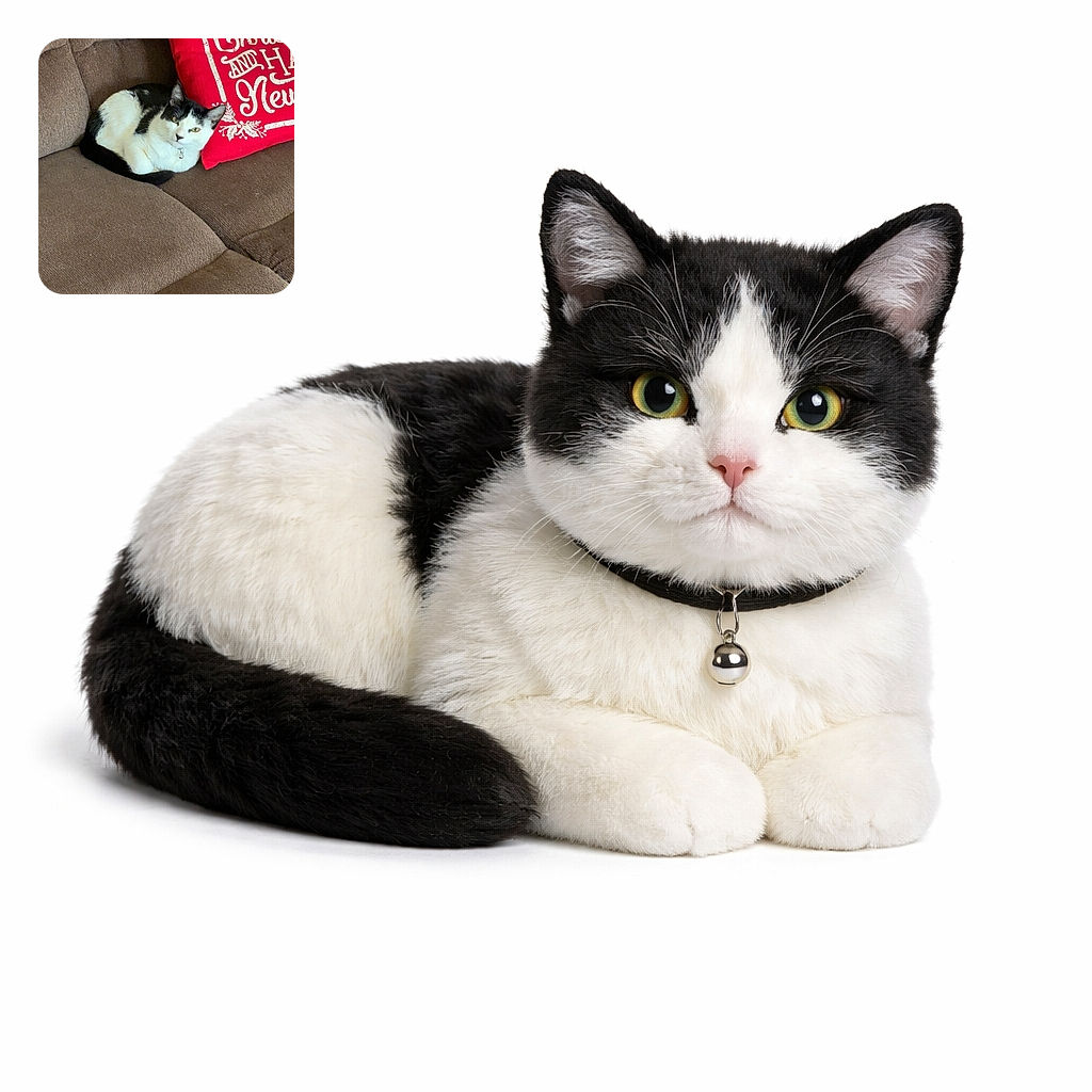 A content black-and-white cat loafs on a brown couch, cheek pressed against a bright red holiday pillow that proclaims seasonal cheer. The kitty stares like a tiny, judgmental roommate while wearing a bell, perfectly at home in this cozy living room scene.