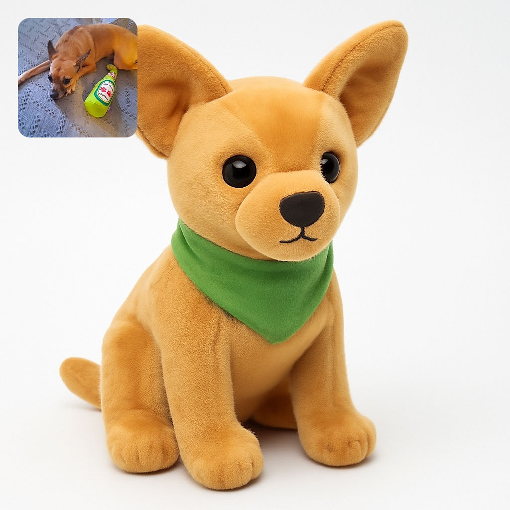 A small tan dog lies on a patterned blanket looking thoughtfully to the side, next to a bright green plush toy shaped like a beer bottle labeled 'Dos Patas Cerveza'. The cozy setting and the dog's calm expression make for a charming, casual snapshot.