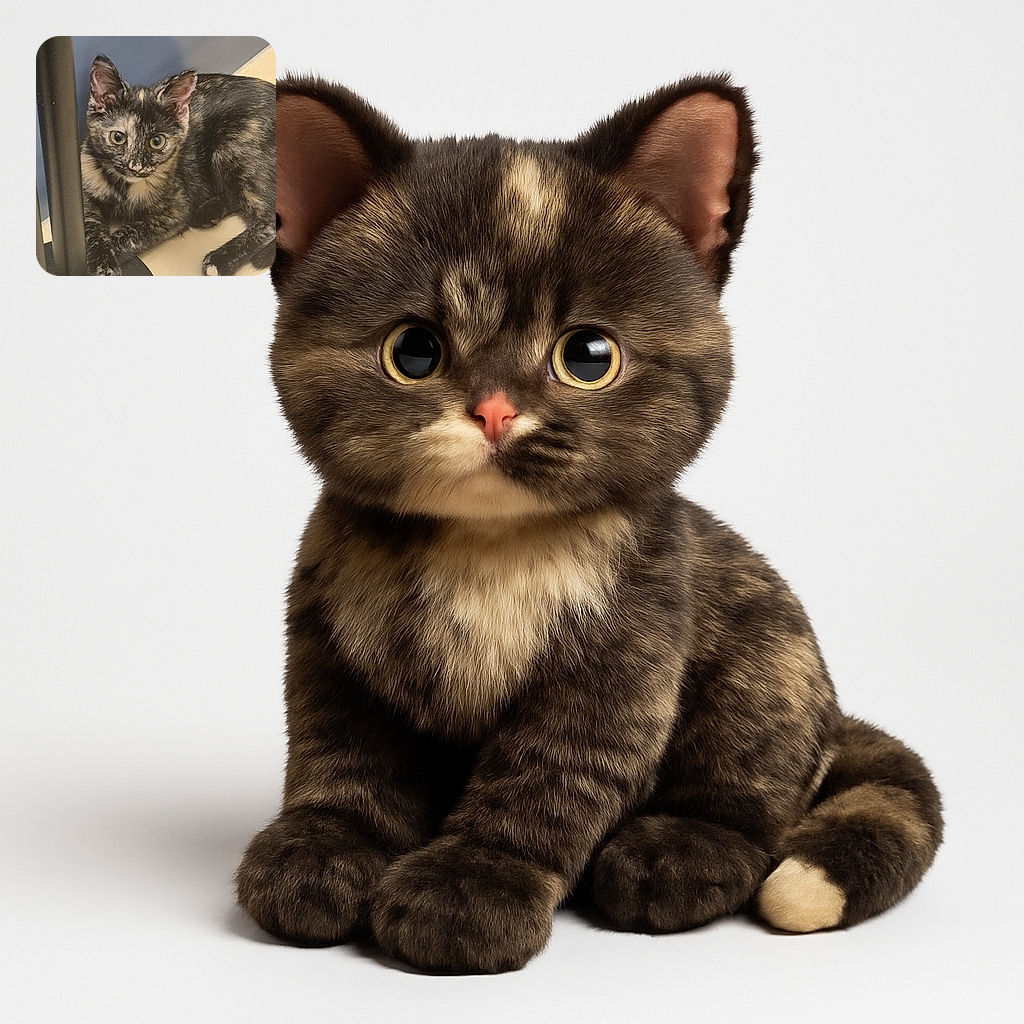 A charming tortoiseshell kitten lounges comfortably next to a black metal stand on a beige floor with a blue wall in the background, looking curiously at the camera with wide, expressive eyes.