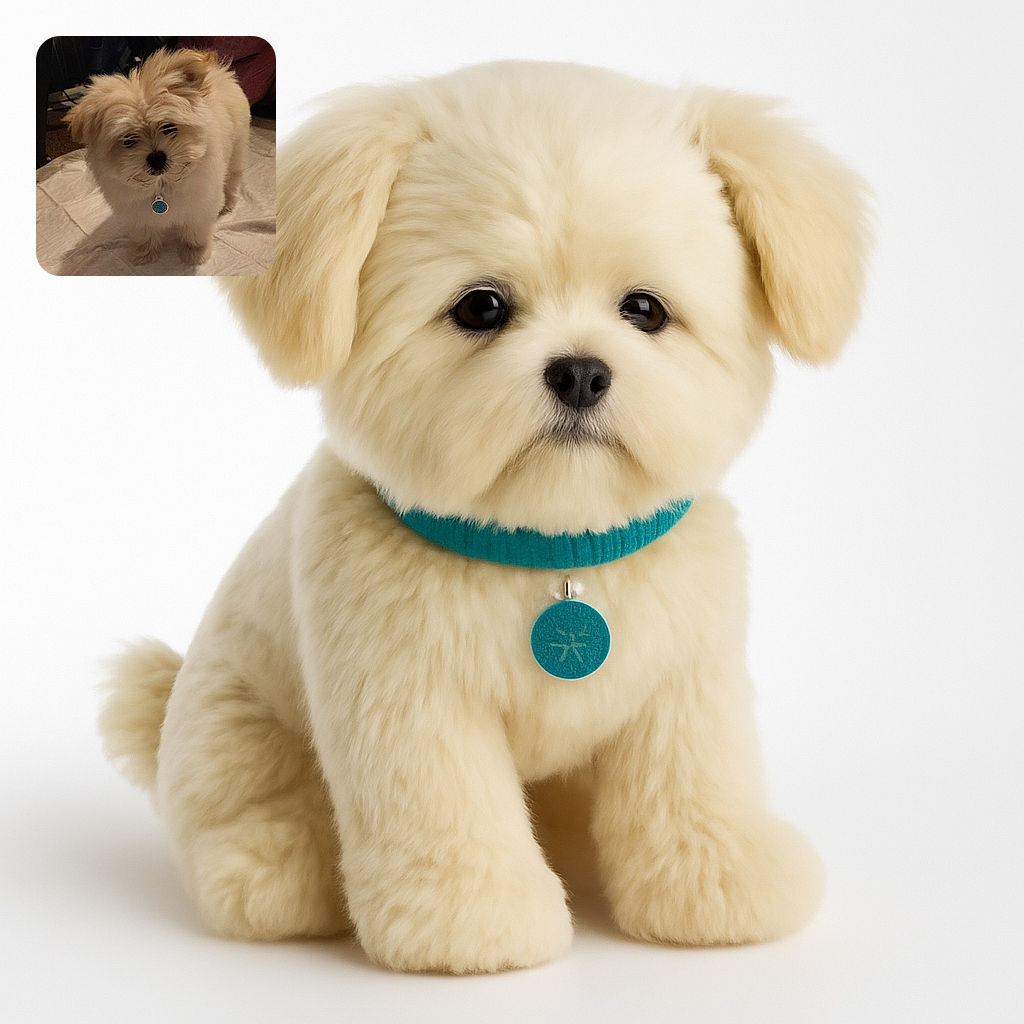 A fluffy, cream-colored dog with a slightly tousled fur coat stares curiously at the camera, standing on a light-colored cloth with a blue tag hanging from its collar, surrounded by a dimly lit indoor setting.