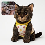 A playful tabby cat is being dressed in a cute outfit while lying on a heart-patterned bedspread. The scene captures a cozy indoor moment with a person's leg and hands visible, adding a warm, homey vibe.